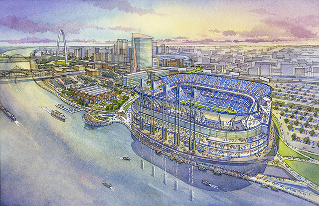 St. Louis NFL Stadium Aerial View Looking Southwest toward Downtown. SOURCE Hok | 360 Architecture