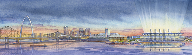 St. Louis NFL Stadium view looking west across Mississippi River. SOURCE Hok | 360 Architecture