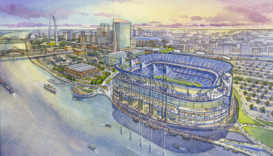 St. Louis NFL Stadium Aerial View Looking Southwest toward Downtown. SOURCE Hok | 360 Architecture